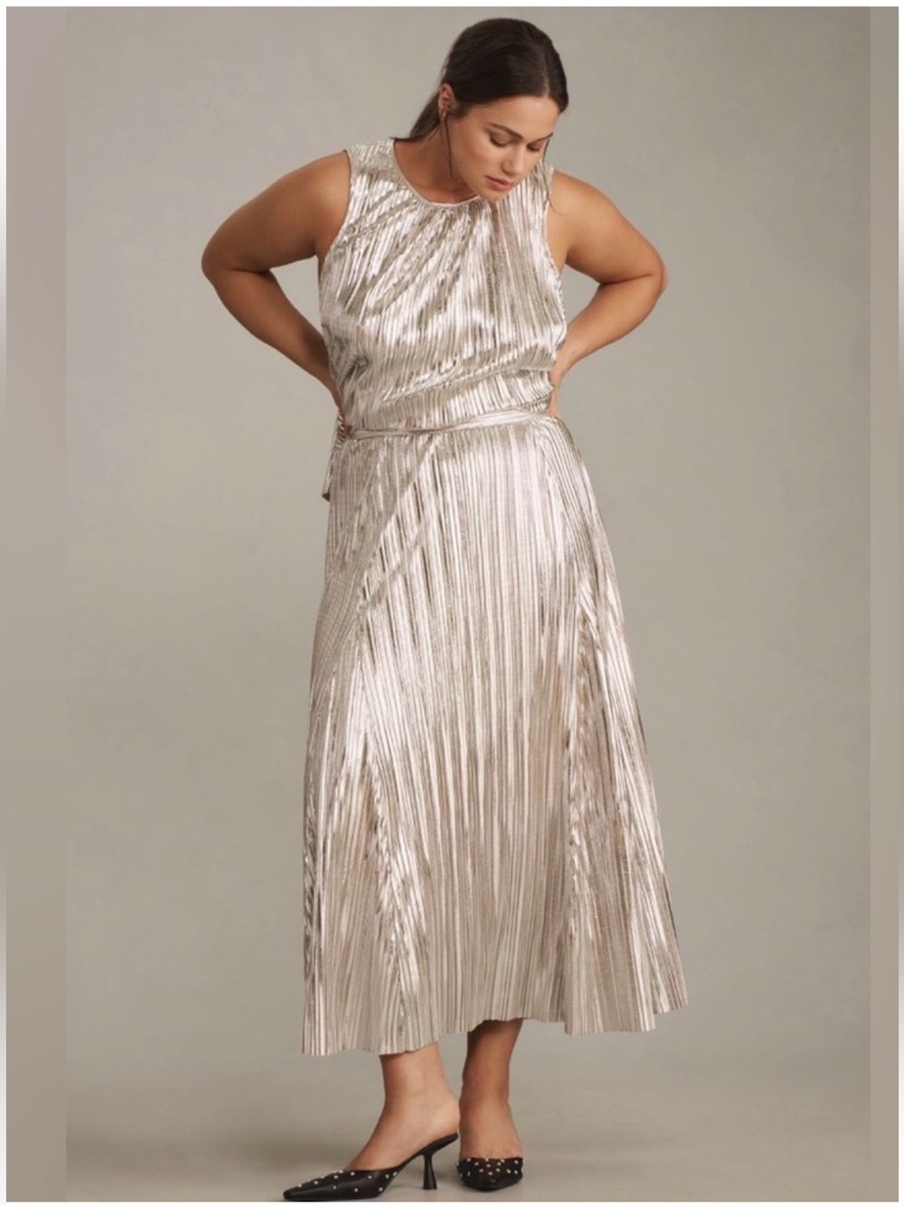 Anthropologie Metallic Pleated Maxi Skirt in Silver size Medium - Picture 5 of 15